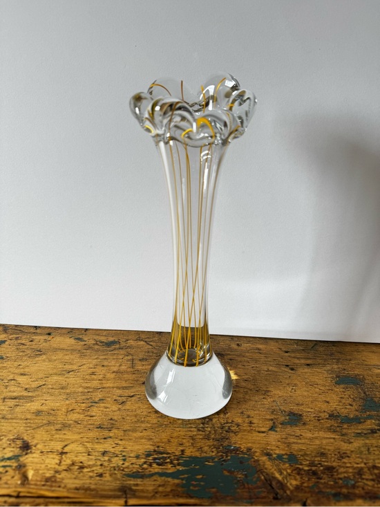 Other - Tall Clear Glass Bud Vase with Yellow Threading